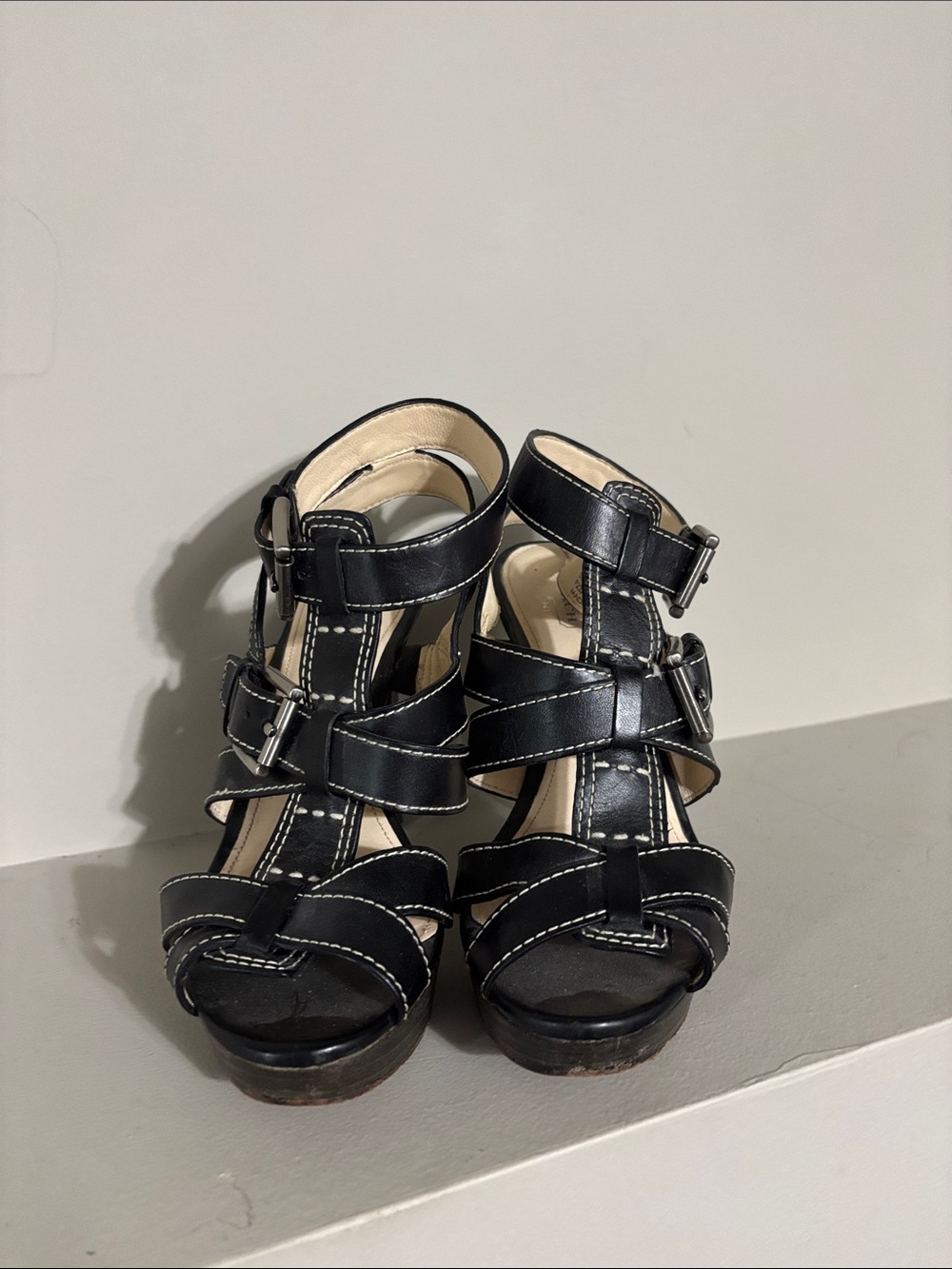 Coach Black Strappy Platform Heels with White Stitching